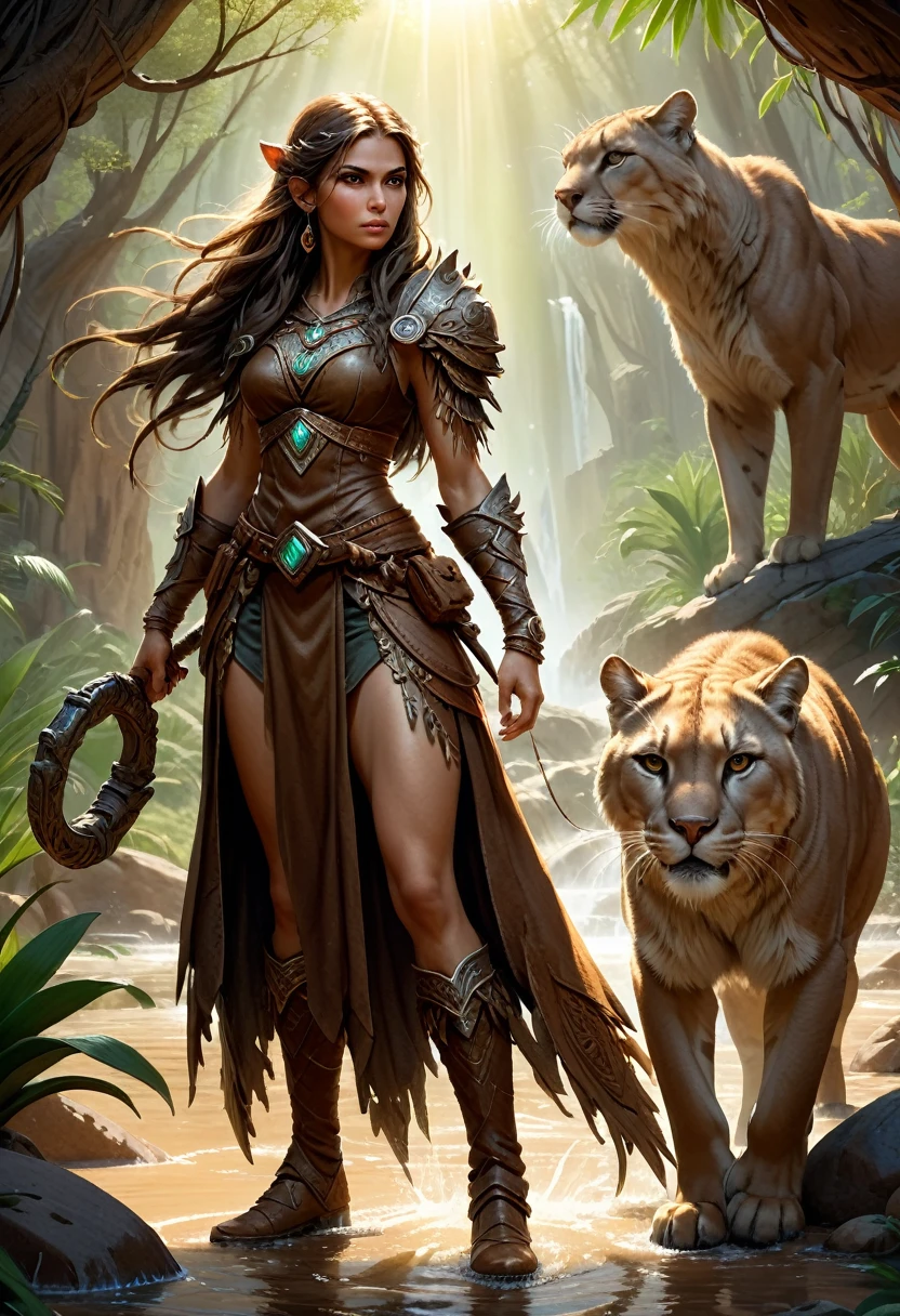high details, best quality, 8k, [ultra detailed], masterpiece, best quality, (extremely detailed), dynamic angle, ultra wide shot, RAW, photorealistic, fantasy art, realistic art, a wide angle picture of a female human druid, knelling (1.5 intricate details, Masterpiece, best quality) talking to a cougar (1.5 intricate details, Masterpiece, best quality) in desert (1.5 intricate details, Masterpiece, best quality),  a female  wearing leather clothes (1.4 intricate details, Masterpiece, best quality), leather boots, thick hair, long hair, brown hair, tan skin intense brown eyes, desert background (intense details), a stream flowing in an oasis (1.4 intricate details, Masterpiece, best quality), sun light, dynamic light. dynamic angle, (1.4 intricate details, Masterpiece, best quality) 3D rendering, high details, best quality, highres, ultra wide angle
