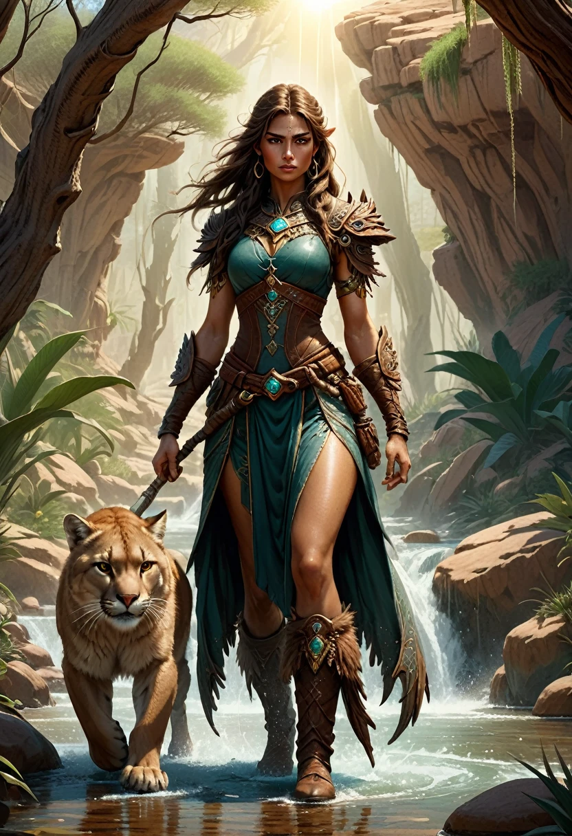 high details, best quality, 8k, [ultra detailed], masterpiece, best quality, (extremely detailed), dynamic angle, ultra wide shot, RAW, photorealistic, fantasy art, realistic art, a wide angle picture of a female human druid, knelling (1.5 intricate details, Masterpiece, best quality) talking to a cougar (1.5 intricate details, Masterpiece, best quality) in desert (1.5 intricate details, Masterpiece, best quality),  a female  wearing leather clothes (1.4 intricate details, Masterpiece, best quality), leather boots, thick hair, long hair, brown hair, tan skin intense brown eyes, desert background (intense details), a stream flowing in an oasis (1.4 intricate details, Masterpiece, best quality), sun light, dynamic light. dynamic angle, (1.4 intricate details, Masterpiece, best quality) 3D rendering, high details, best quality, highres, ultra wide angle