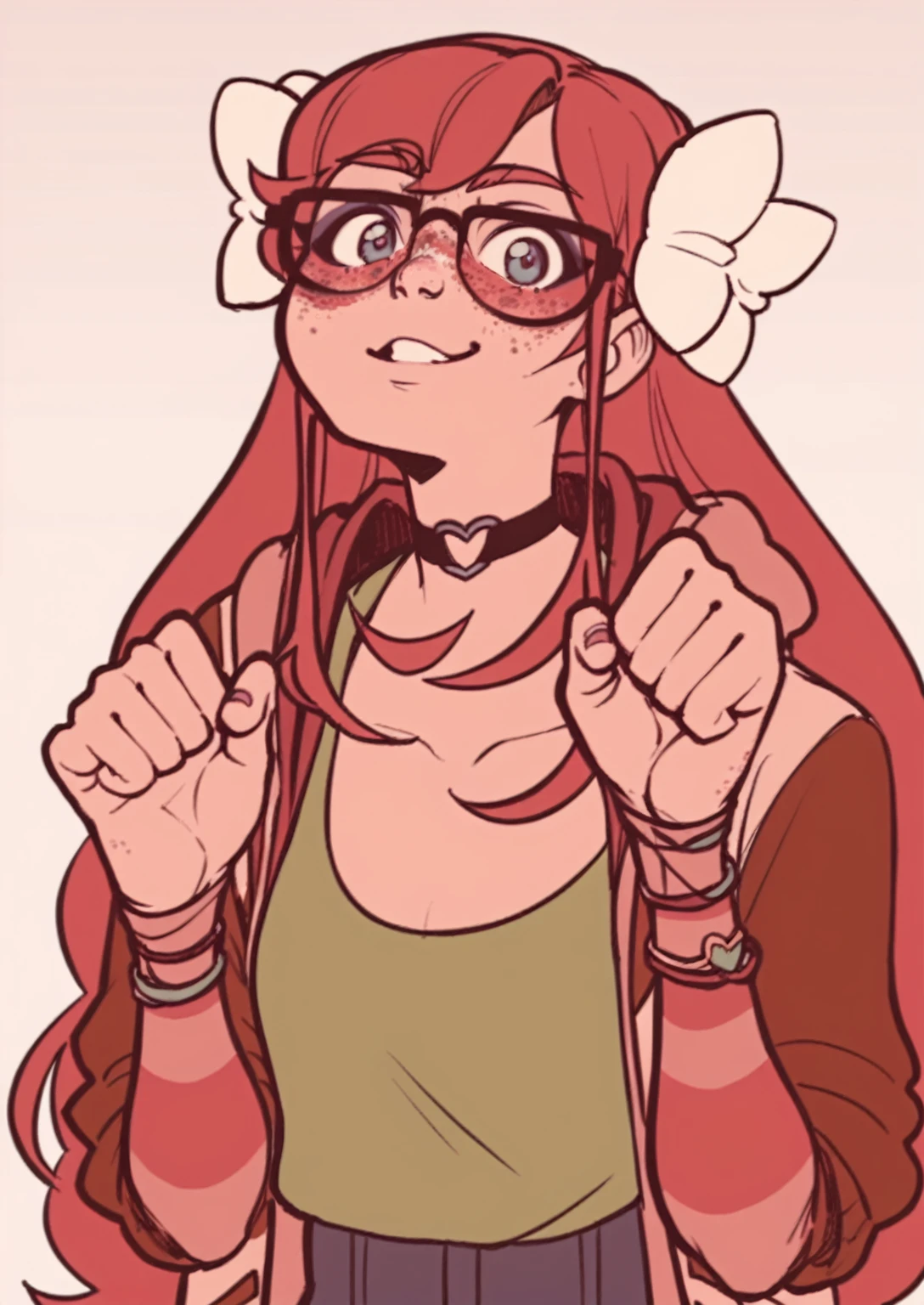 score_8_up, score_7_up, score_6_up, score_5_up, score_4_up, anime screenshot
1girl, solo, long hair, red hair, hair ornaments, freckles, glasses, standing, upper body, looking at viewer, jacket, shirt, choker
, looking up, :3, paw pose,