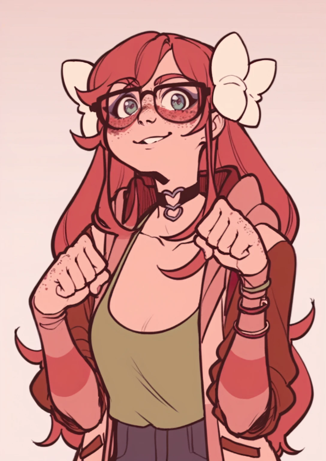 score_8_up, score_7_up, score_6_up, score_5_up, score_4_up, anime screenshot
1girl, solo, long hair, red hair, hair ornaments, freckles, glasses, standing, upper body, looking at viewer, jacket, shirt, choker
, looking up, :3, paw pose,