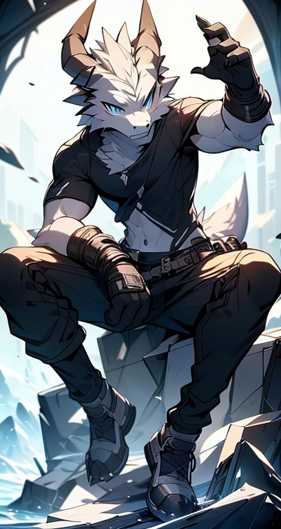 Masterpiece, Cool Pose, Furry Gray Dragon, Medium Strong Body, Blue Eyes, Grey Medium Hair, Combat Black Shirt, Combat Gloves, Combat Pants, Fierce, Good looking 