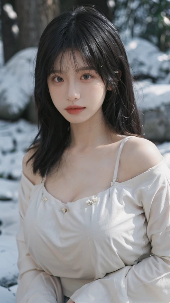 Portrait photography,1 girl,Off Shoulder,Snow Scene,Snowing background,Off Shoulder蝴蝶印花连衣裙女夏季性感辣妹收腰修身包臀裙子,Flowers,White,whole body:1.4,Lipstick,(Big Breasts:1.6),Headband,serene,calm,(Realistic and detailed eyes,Natural skin texture,Realistic facial details),