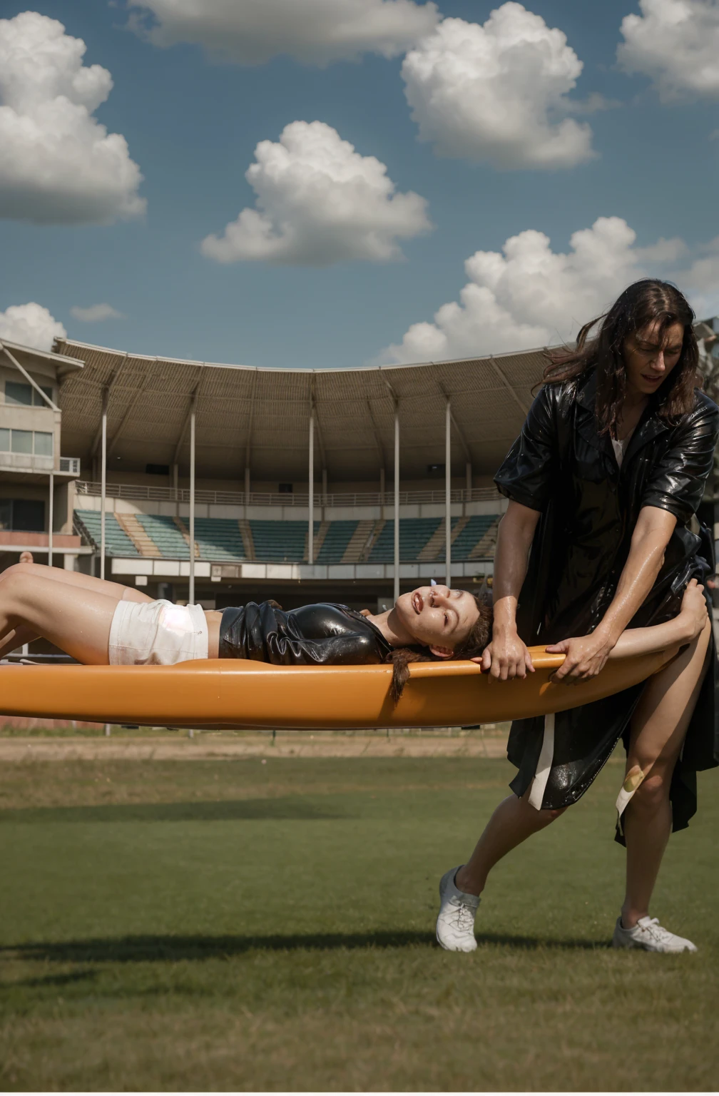 a blond woman is carrying a astretcher on a soccer field, there is a male soccer player in short sportswear lying injured on a stretcher, there is an injured sportsman who is covering his face on a stretcher, an injured sportsman is covering his face with his hands, an injured sportsman is writhing ecstatic in pain on a stretcher, dramatic pity pose, there is a very female woman in a high-shine coat, a high-shine black wetlook coat, a long shiny coat, a wetlook glossy coat, a wet black laquered coat, a very female looking wife is wearing a wetlook coat, injured, medic, soccer action pose, affection pose, lecherous action pose, dramatic action pose, theatralic pose, there is an attractive woman that is carrying a suffering man on a stretcher, there is a beautiful woman in a shiny coat who is carrying a blond man on a wet orange stretcher, a longhaired beautiful woman in a high-shine coat, a longhaired woman in a shiny downcoat, a woman is carrying a stretcher with a shorthaired man who is wearing shorts and a t-shirt, a weak man in spots shorts is consciousless and needs to be carried on a wetlook pvc stretcher, a shorthaired man with closed eyes is carried on a stretcher by a longhaired woman, a woman looks very scared and terrified, a consciousless man with closed eyes is suffering very much and has a very painful face, photo, photo shoot, photographed , accident, help, aid, first aid, pity
