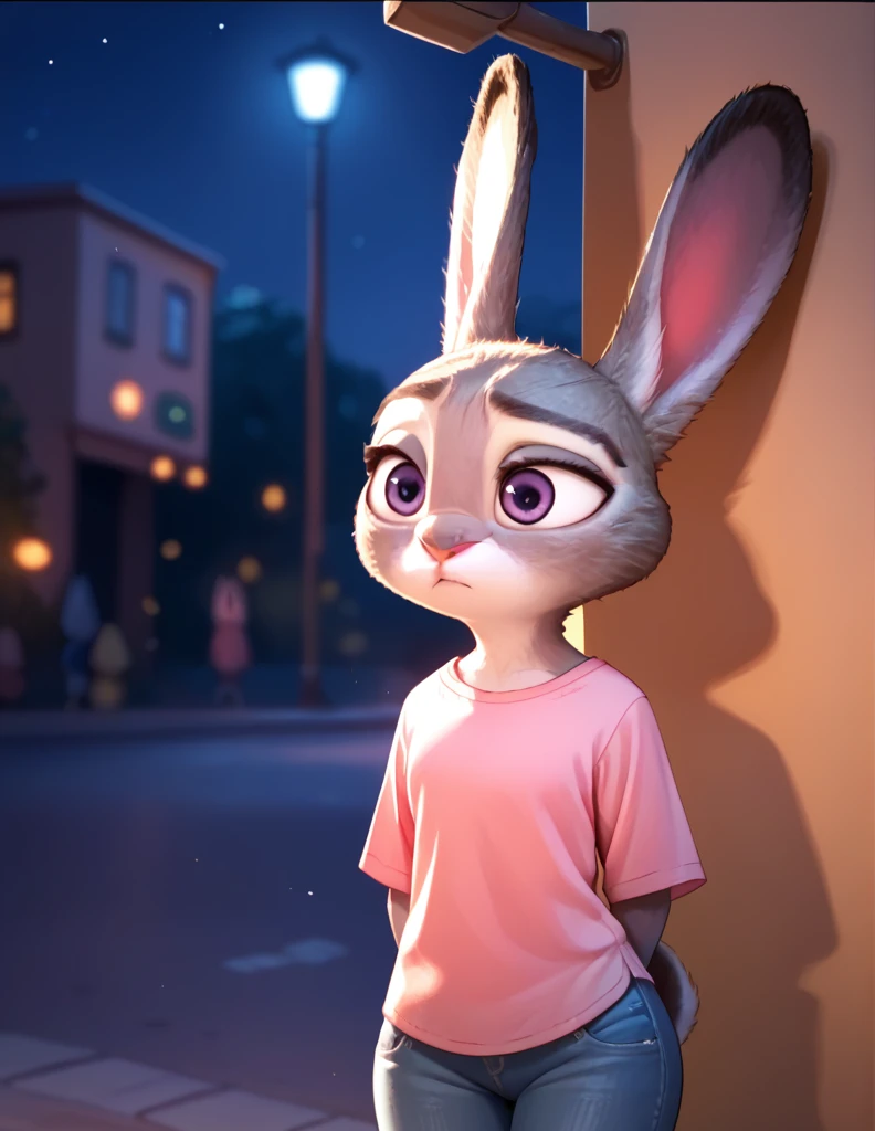 check_9, check_8_up, check_7_up, check_6_up, source_fluffy, Judy Hopps is confused, Dark, night, Backlight, One, pink shirt, jeans, hands at sides, foreground, portrait, shows off her big ass