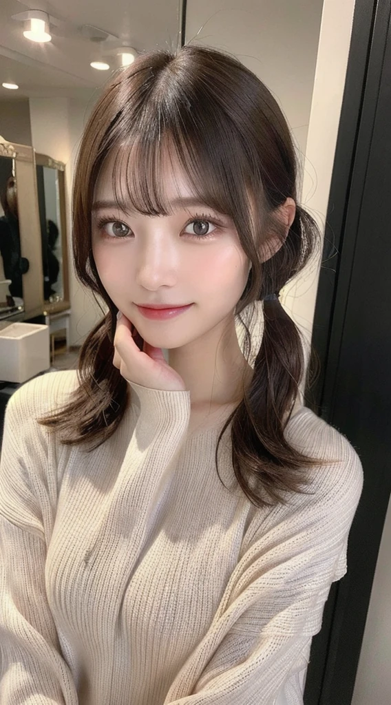 (masterpiece:1.3), (8k, Photorealistic, RAW Photos, Best image quality: 1.4), Japanese 、(Random Hairstyles:1.2)、Medium Breast:1.2、Super detailed face、Attention to detail、double eyelid、Put your chest together、Sharp focus:1.2、Beautiful woman:1.4、Light brown hair、Highest quality、masterpiece、Ultra-high resolution、(Photorealistic:1.4)、Highly detailed and professionally lit smiles、Relaxed, lightweight knitwear、thin、Serious expression、Short fine hair、Frontal position