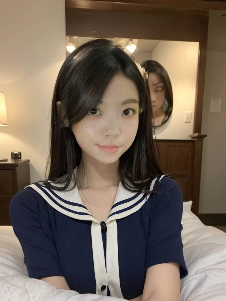(Lie on your back in bed:1.3), (Anatomically correct fingers:1.3), (Embrace your chest:1.1), (Sailor suit:1.3)、(Professional Portrait、Professional Writing)、Highest quality, Detailed workmanship、High resolution、(8k, High resolution:1.2)、(RAW Photos, Realistic:1.3)、Slim figure、High resolutionの顔、The face is in focus、High resolutionの目、(Concentrated, Symmetrical pupils:1.2)、High quality and beautiful skin、Firm Skin、Natural Makeup、Gloss lips, High-definition hair texture、masterpiece、Japanese 、17 years old、very cute, (Very embarrassed:1.3), (blush:1.3), (Scary expression:1.3)、(Embarrassed look :1.3)、Wet eyes:1.2,、Looking into the camera:1.2、(color々Easy-to-shoot angle:1.3)、Mid-chest, Browsing Caution