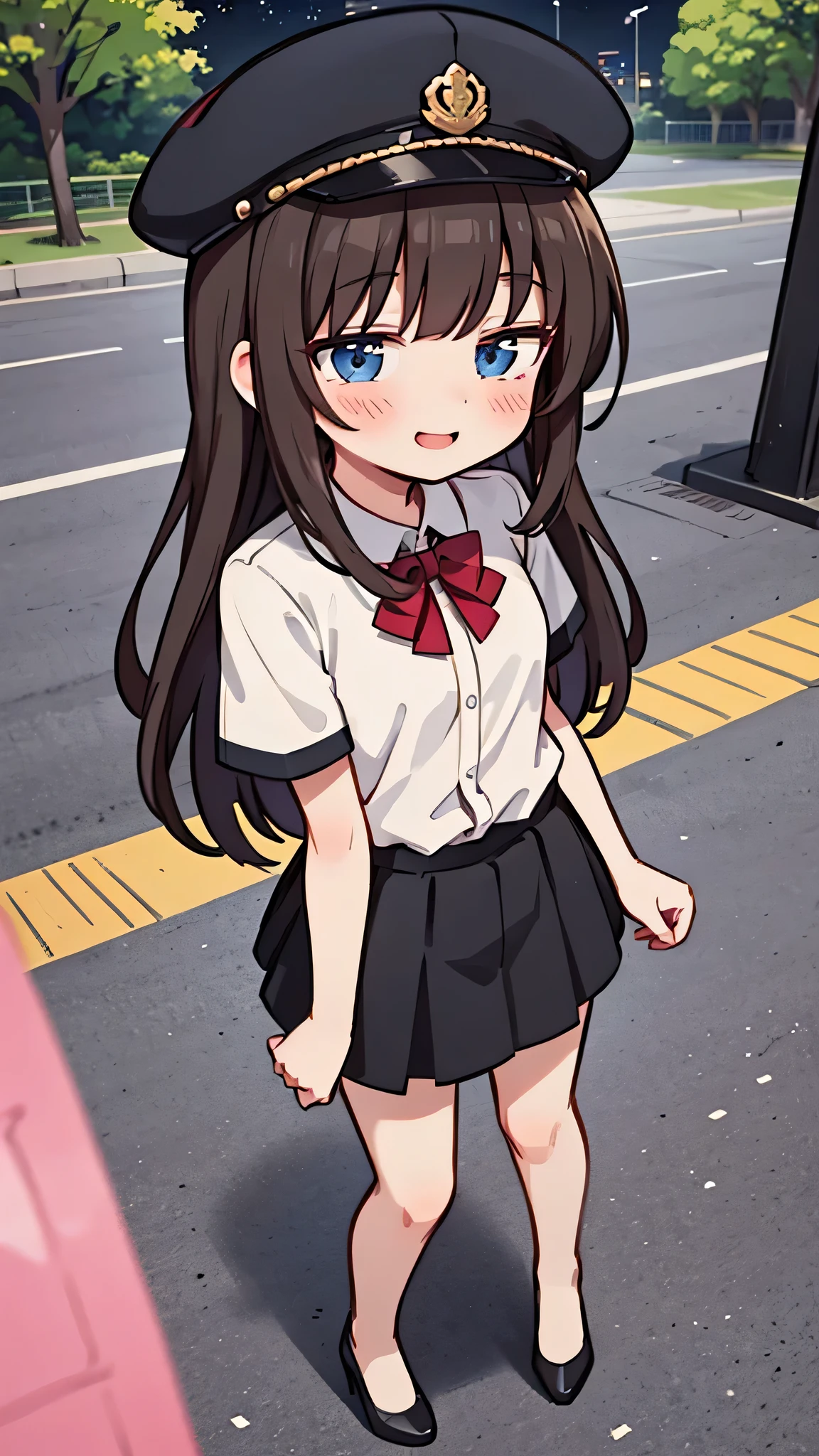 {Highest quality}, {Super beautiful},{Ultra fine},{Best illustration},Brown Hair,Hime cut,semi-long,Bangs,Standing Woman,Uniform cap,White Shirt,Short sleeve,Long black skirt,Night Park,Embarrassed,smilingly,Blushing,Slender women, A woman wearing plain black pumps,Bare feet and pumps,From an angle,From above,Inner thighs