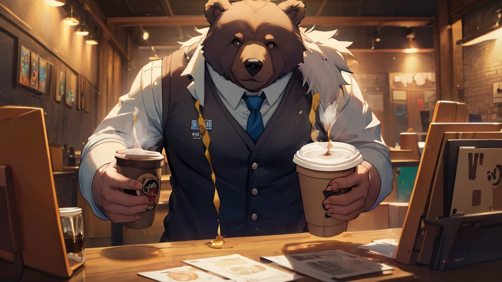 Cartoon Bear、Anthropomorphic Bear、Big body、Black vest、shirt、tie、Pouring coffee, Coffee shop, Surrealism, UHD, accurate, super detail, best quality, highres, 8k