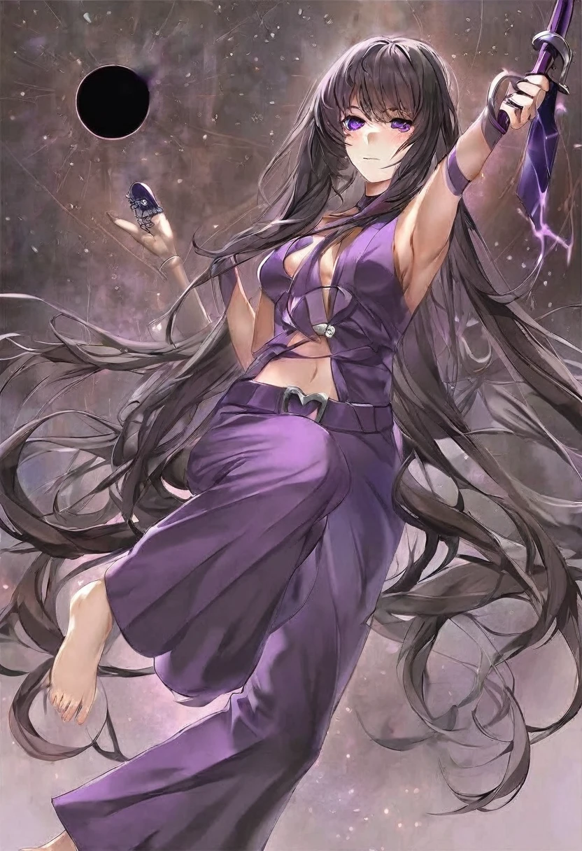 Athena，Purple one-way slightly messy long hair，Purple Eyes，Purple jumpsuit，But the jumpsuit is sexy，Holding a knife in his hand，Yandere，Female Love，barefoot，A black hole in the universe，Purple and black black hole，Draw a good look，Normal body proportions