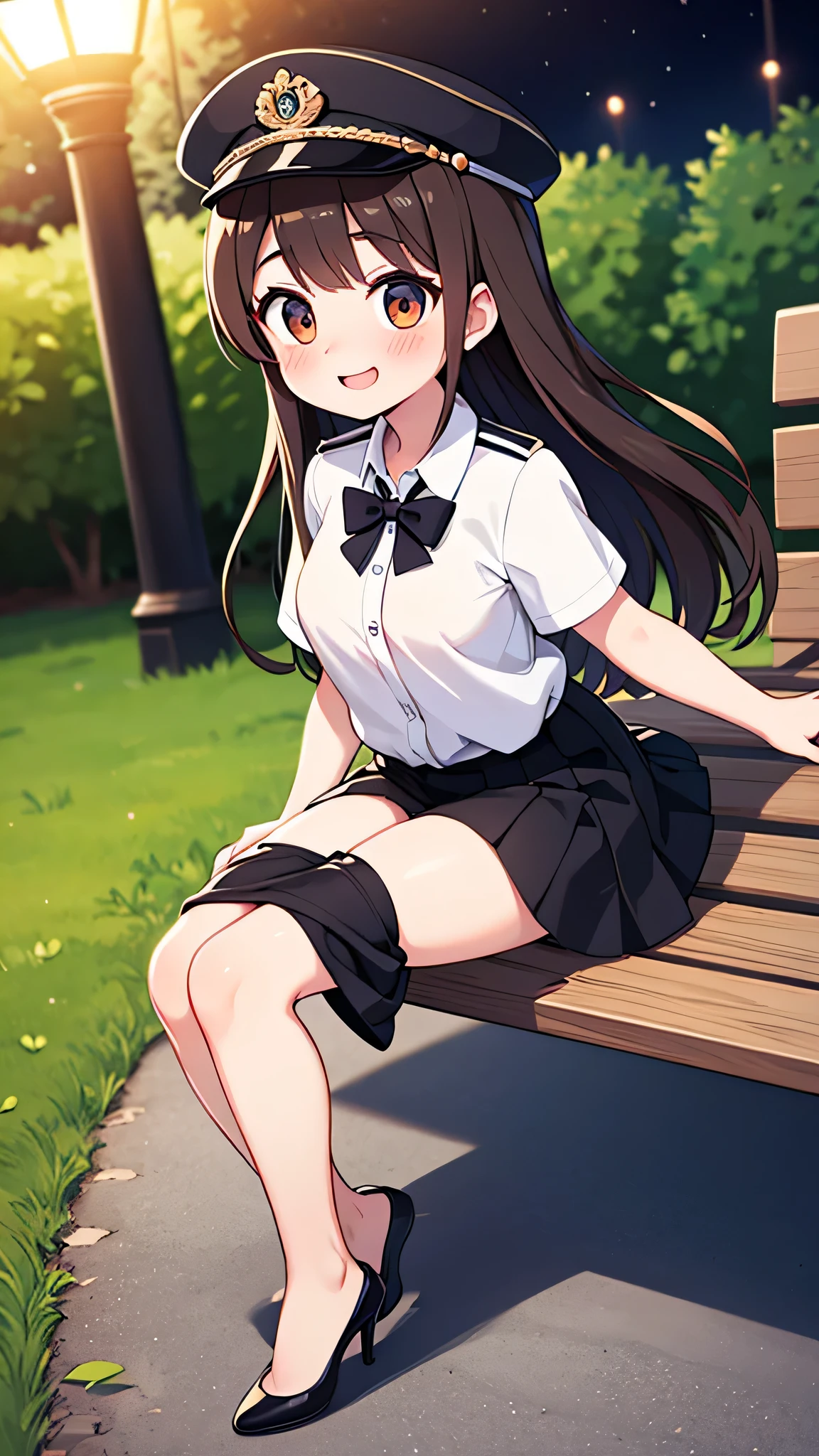 {Highest quality}, {Super beautiful},{Ultra fine},{Best illustration},Brown Hair,Hime cut,semi-long,Bangs,Standing Woman,Uniform cap,White Shirt,Short sleeve,Long black skirt,Night Park,Embarrassed,smilingly,Blushing,Slender women, A woman wearing plain black pumps,Bare feet and pumps,From an angle,From above,Inner thighs