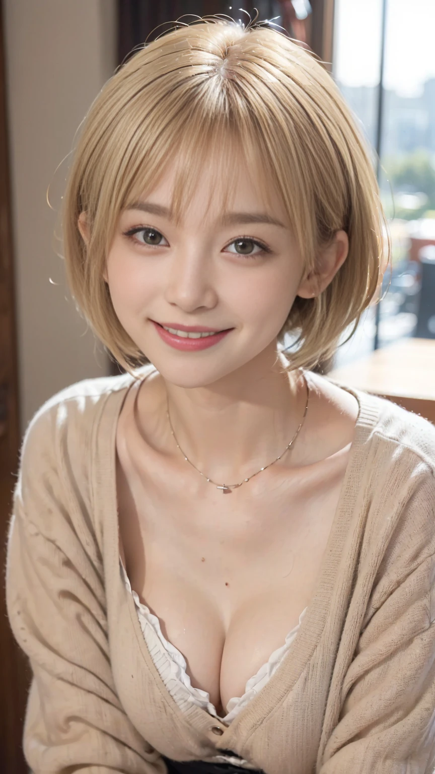 ((Highest quality、The pieces fly、High resolution、Zoom Photo))、(((Zoom Photo:1.95、Zoom Photo、Cute Smile:1.5、Cute Smile、Short Hair、Blonde、bangs、Past Up、Japanese)))