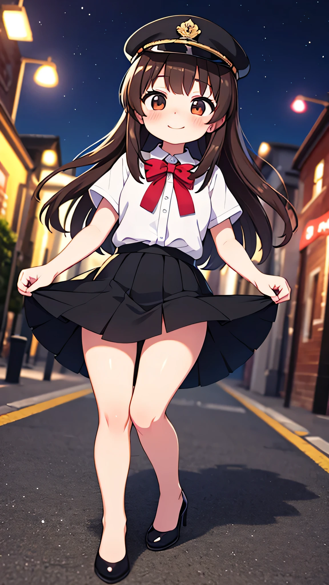 {Highest quality}, {Super beautiful},{Ultra fine},{Best illustration},Brown Hair,Hime cut,semi-long,Bangs,Standing Woman,Uniform cap,White Shirt,Short sleeve,Long black skirt,Night Park,Embarrassed,smilingly,Blushing,Slender women, A woman wearing plain black pumps,Bare feet and pumps,From an angle,From above,Inner thighs