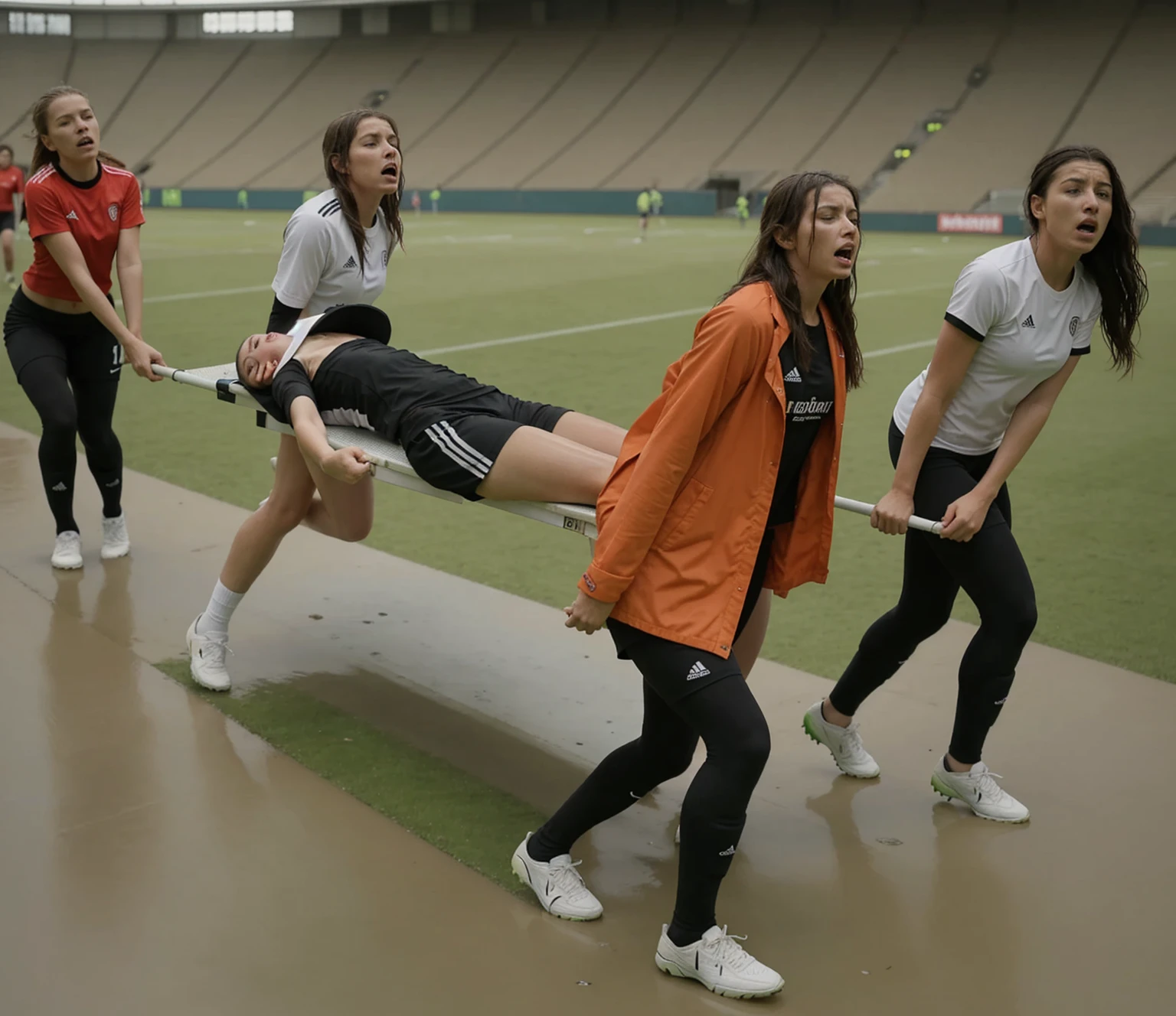 a soccer scene in a sports stadium, cool and wet weather conditions, humide ground, rainy sky, injury scene in a sports stadium, stretcher carry, there are four female medics carrying a stretcher, there are four female medics in very shiny coats who are carrying a stretcher in a sports stadium, there is a wounded male soccer player in a matte short cotton sports outfit lying on the stretcher, an injured male soccer player in matte cotton sportswear is lying in pain on a stretcher, a soccer player in matte cotton sports clothes is rearing up in intense pain while lying on a stretcher, dramatic scene, theatralic posing scene, dramatic pity scene, injury soccer, first aid, help, pity, there are four female medics in wetlook high-shine coats who are looking very sad and very terrified and very shocked, the injured soccer player is screaming out in pain while he is carried from the pitch on a stretcher