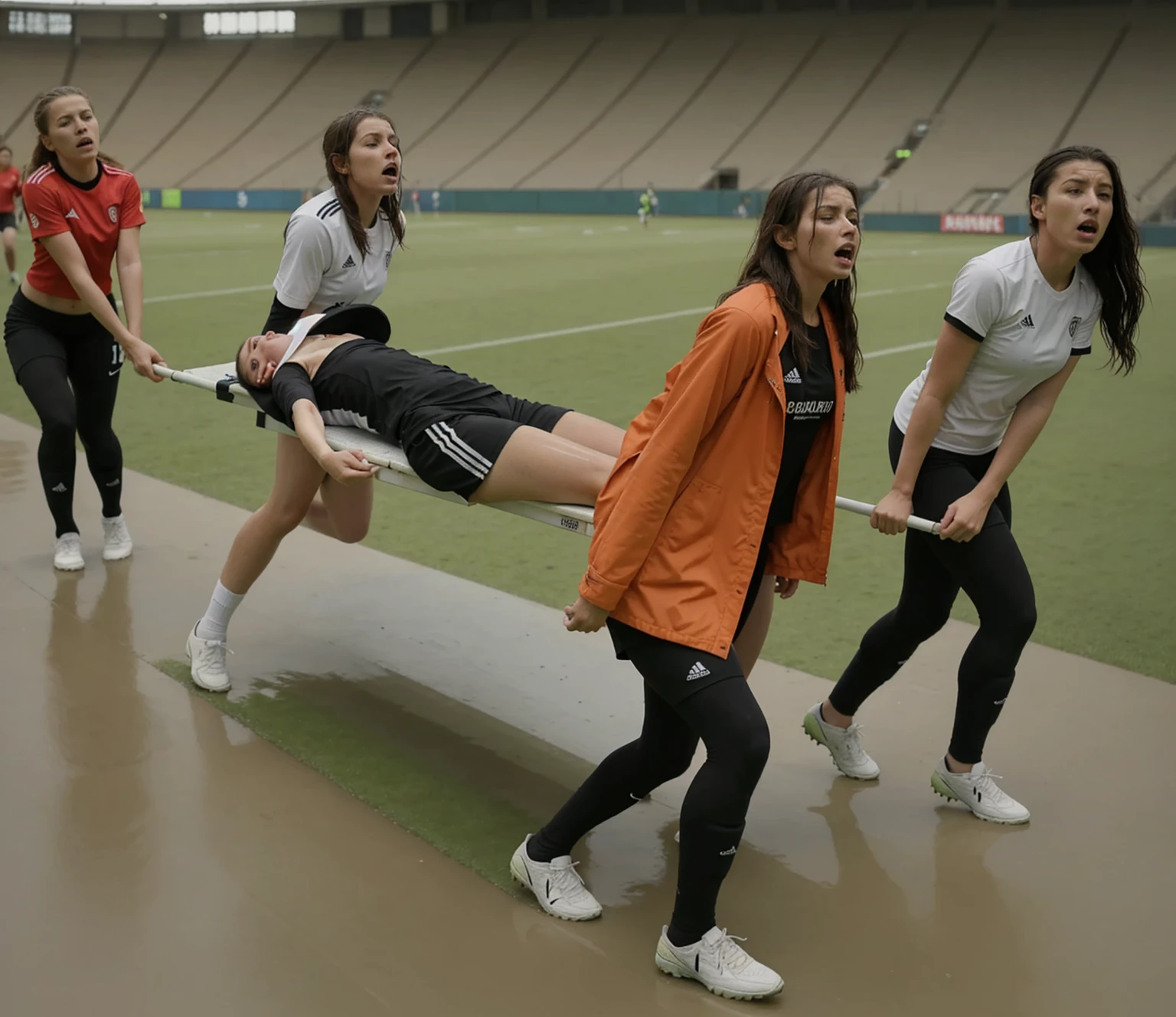 a soccer scene in a sports stadium, cool and wet weather conditions, humide ground, rainy sky, injury scene in a sports stadium, stretcher carry, there are four female medics carrying a stretcher, there are four female medics in very shiny coats who are carrying a stretcher in a sports stadium, there is a wounded male soccer player in a matte short cotton sports outfit lying on the stretcher, an injured male soccer player in matte cotton sportswear is lying in pain on a stretcher, a soccer player in matte cotton sports clothes is rearing up in intense pain while lying on a stretcher, dramatic scene, theatralic posing scene, dramatic pity scene, injury soccer, first aid, help, pity, there are four female medics in wetlook high-shine coats who are looking very sad and very terrified and very shocked, the injured soccer player is screaming out in pain while he is carried from the pitch on a stretcher
