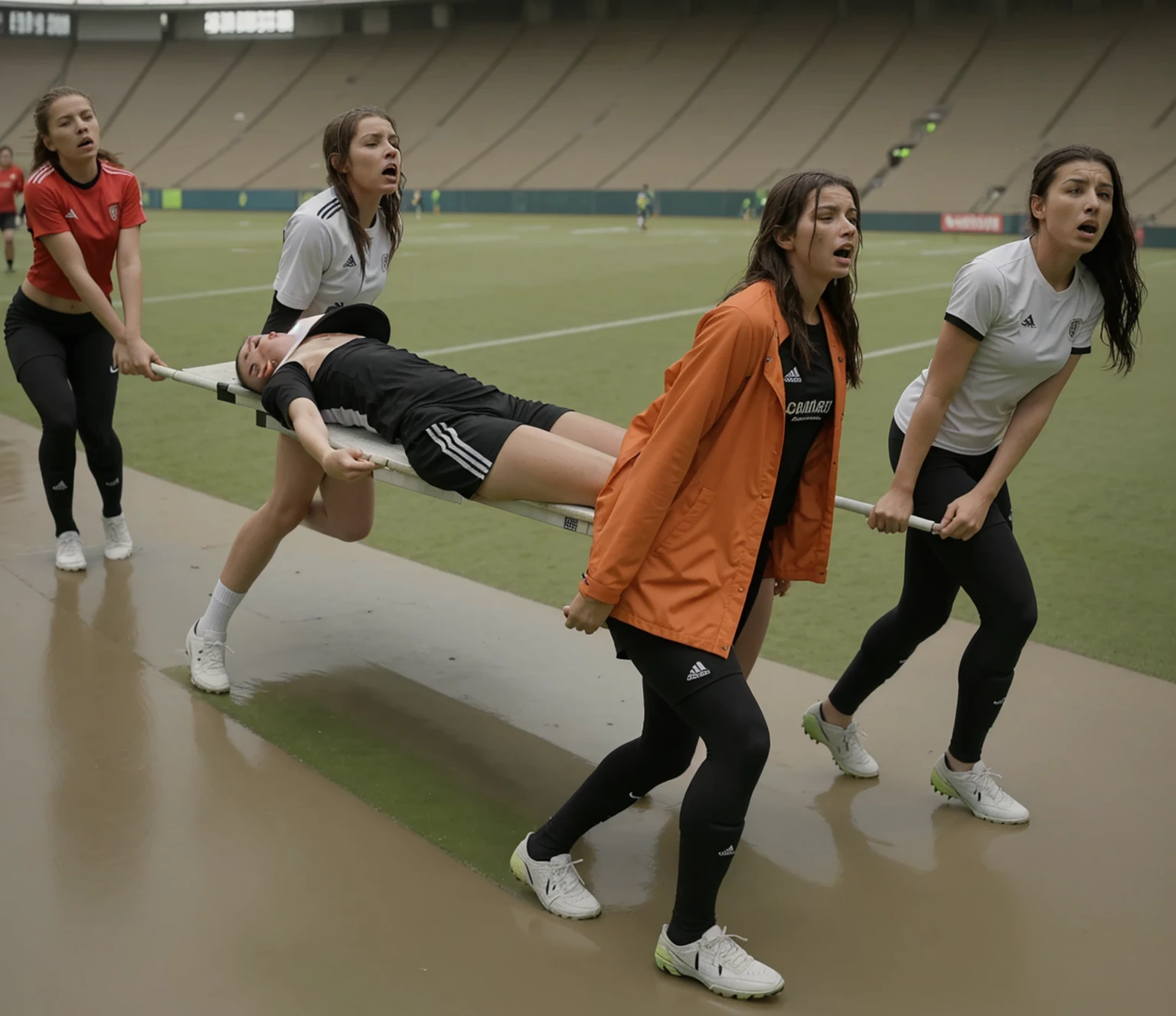 a soccer scene in a sports stadium, cool and wet weather conditions, humide ground, rainy sky, injury scene in a sports stadium, stretcher carry, there are four female medics carrying a stretcher, there are four female medics in very shiny coats who are carrying a stretcher in a sports stadium, there is a wounded male soccer player in a matte short cotton sports outfit lying on the stretcher, an injured male soccer player in matte cotton sportswear is lying in pain on a stretcher, a soccer player in matte cotton sports clothes is rearing up in intense pain while lying on a stretcher, dramatic scene, theatralic posing scene, dramatic pity scene, injury soccer, first aid, help, pity, there are four female medics in wetlook high-shine coats who are looking very sad and very terrified and very shocked, the injured soccer player is screaming out in pain while he is carried from the pitch on a stretcher