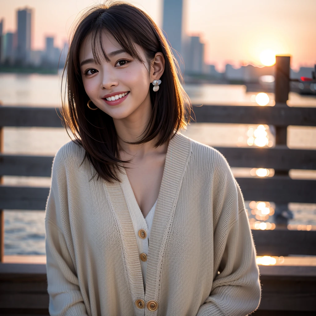 Highest quality,master piece,bloom,a girl, one girl,solo focus,bokeh,alone,full body,standing,,8k,raw photo,short brown hair,watch,big eyes,Japanese women,28 years old,healthy,maternal,positive,bright,kind,Beautiful Skin,Fair skin,Highest quality,4K,8k,masterpiece,Young and beautiful,Attractive woman,Dcup Bust、An innocent smile、smile、teeth、The background is the city、evening、sunset、Casual Style、Earrings、one girl、one girl,one girl,very nice lady,one girl