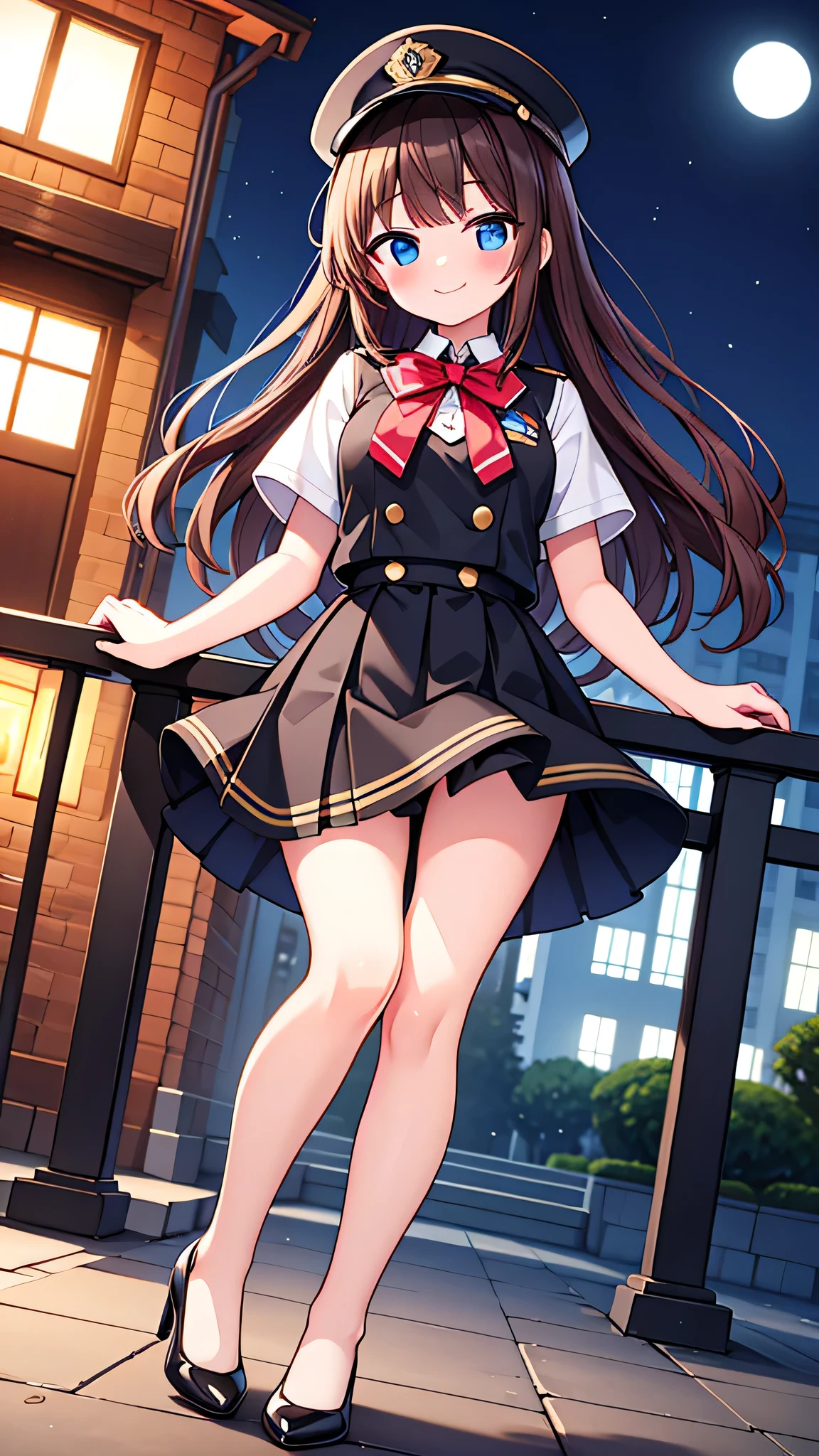 {Highest quality}, {Super beautiful},{Ultra fine},{Best illustration},Brown Hair,Hime cut,semi-long,Bangs,Standing Woman,Uniform cap,White Shirt,Short sleeve,Long black skirt,Night Park,Embarrassed,smilingly,Blushing,Slender women, A woman wearing plain black pumps,Bare feet and pumps,From an angle,From above,Inner thighs