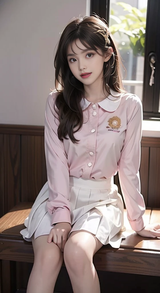 white skirt,kindergarten uniform,pink shirt, ((cowboy shot)), masterpiece, best quality, beautiful woman sitting, elegant pose, diagonal composition, long legs, body leaning back, golden long hair, soft colors, fair skin, gentle smile, sunny room, soft sunlight, delicate shadows, harmonious, intricate details, photorealistic, highly detailed, cinematic lighting