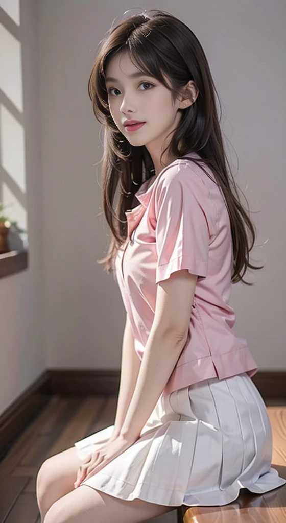 white skirt,kindergarten uniform,pink shirt, ((cowboy shot)), masterpiece, best quality, beautiful woman sitting, elegant pose, diagonal composition, long legs, body leaning back, golden long hair, soft colors, fair skin, gentle smile, sunny room, soft sunlight, delicate shadows, harmonious, intricate details, photorealistic, highly detailed, cinematic lighting