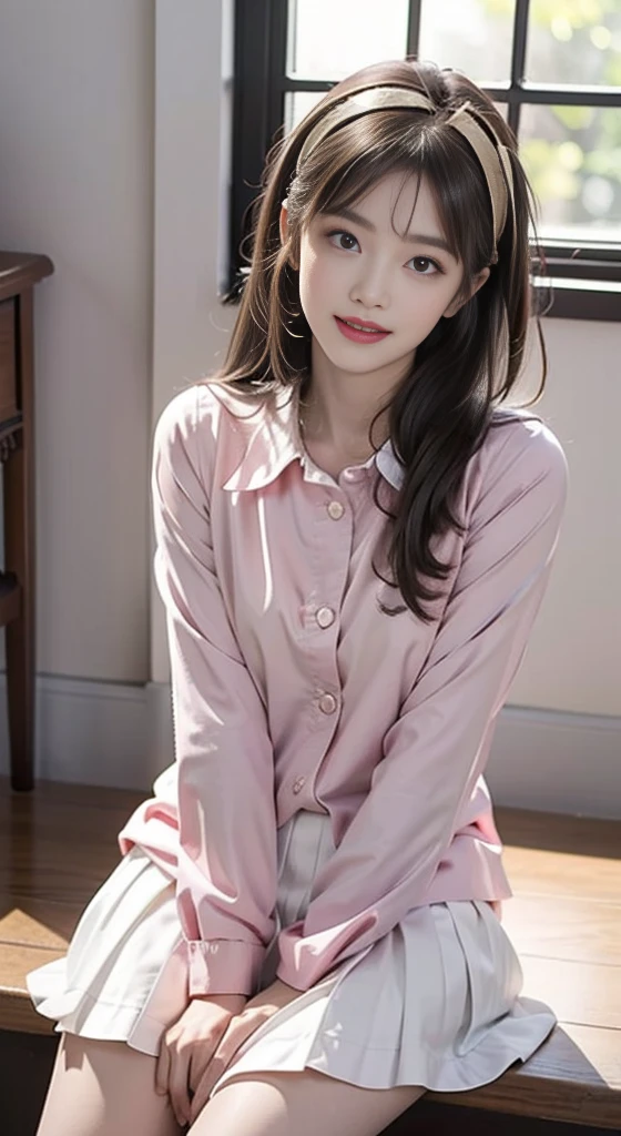 white skirt,kindergarten uniform,pink shirt, ((cowboy shot)), masterpiece, best quality, beautiful woman sitting, elegant pose, diagonal composition, long legs, body leaning back, golden long hair, soft colors, fair skin, gentle smile, sunny room, soft sunlight, delicate shadows, harmonious, intricate details, photorealistic, highly detailed, cinematic lighting