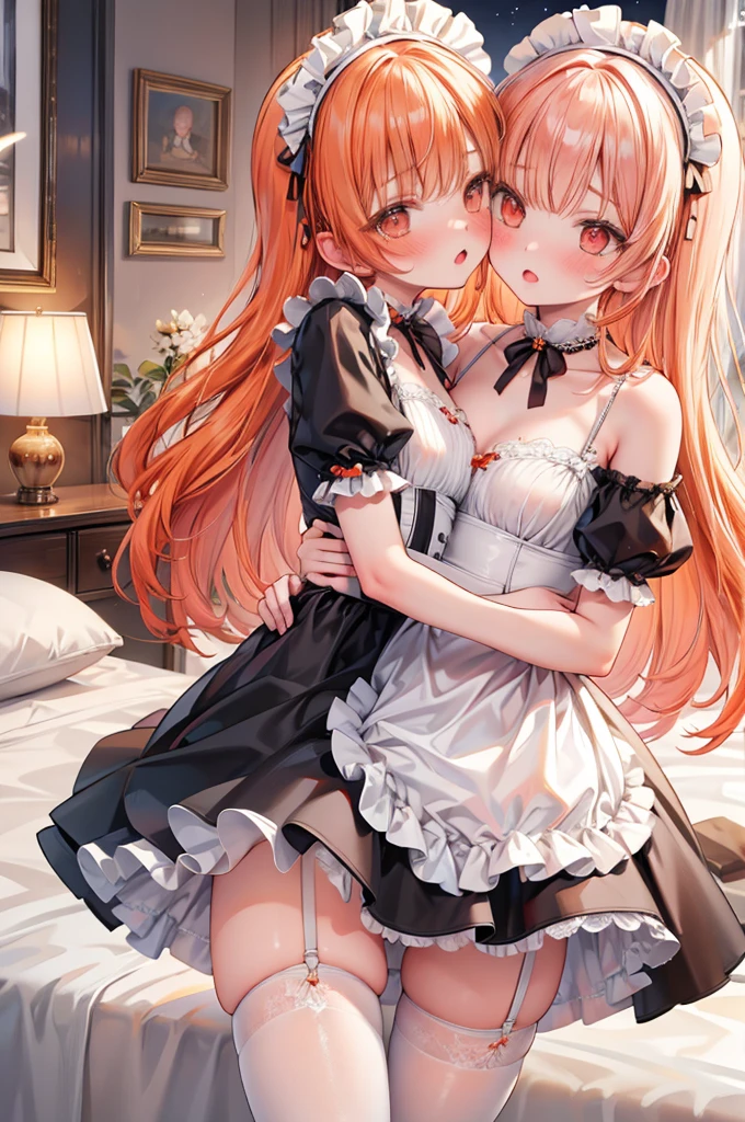 masterpiece, best quality, nsfw,
2girl, kiss,
maid clothes, white panties, white garter belt, orange hair, embarrassed face,
bedroom, night,