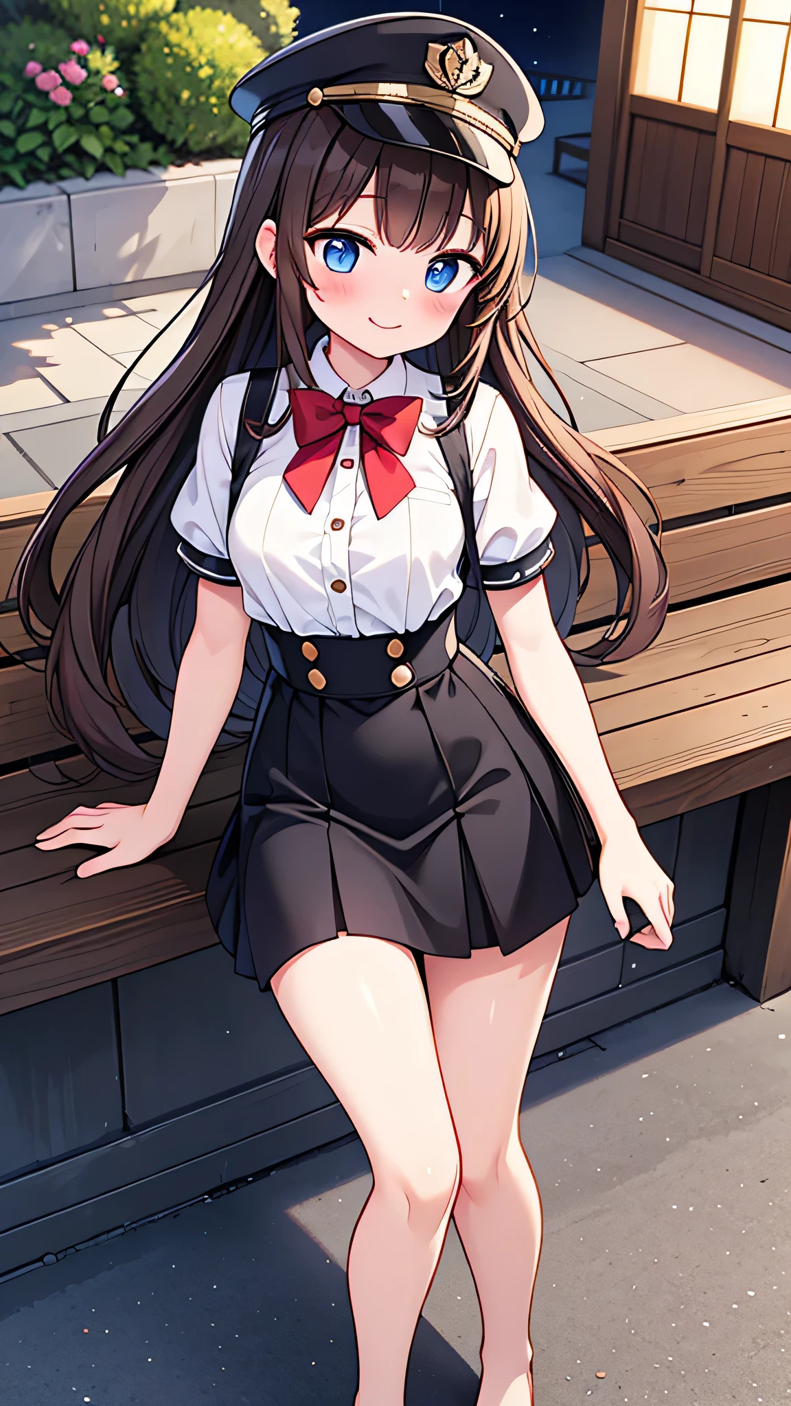 {Highest quality}, {Super beautiful},{Ultra fine},{Best illustration},Brown Hair,Hime cut,semi-long,Bangs,Standing Woman,Uniform cap,White Shirt,Short sleeve,Long black skirt,Night Park,Embarrassed,smilingly,Blushing,Slender women, A woman wearing plain black pumps,Bare feet and pumps,From an angle,From above,Inner thighs