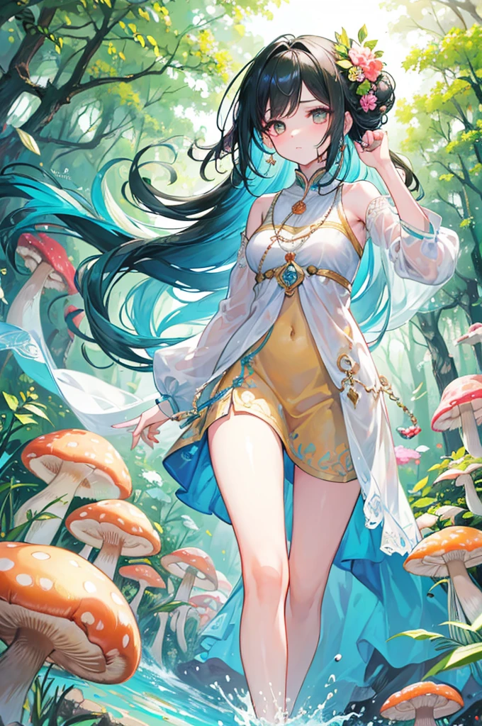 nahida (masterpiece), (best quality), (ultra detailed),(disheveled hair),(illustration), (1girl), beautifuldetailedeyes,delicate beautiful face,Floating,(high saturation),(colorful splashes),colorful bubble,(shining),focus on face, walking in a forest full of colorful mushrooms