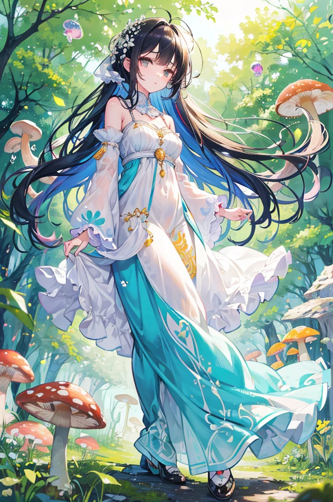 nahida (masterpiece), (best quality), (ultra detailed),(disheveled hair),(illustration), (1girl), beautifuldetailedeyes,delicate beautiful face,Floating,(high saturation),(colorful splashes),colorful bubble,(shining),focus on face, walking in a forest full of colorful mushrooms