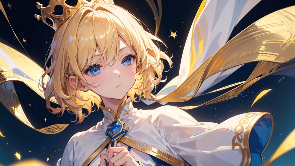 (Highest quality)　(4K)　(8k)　(High resolution)　(masterpiece:1.2)　(Super detailed)　One boy　short hair　Wizard　Blue Eyes　Long sleeve　Golden decoration　Hair between the eyes　Closed Mouth　White Dress　Wavy golden hair　Upper Body　large crown　(White Background)　(Cast a spell)　front　Face close-up