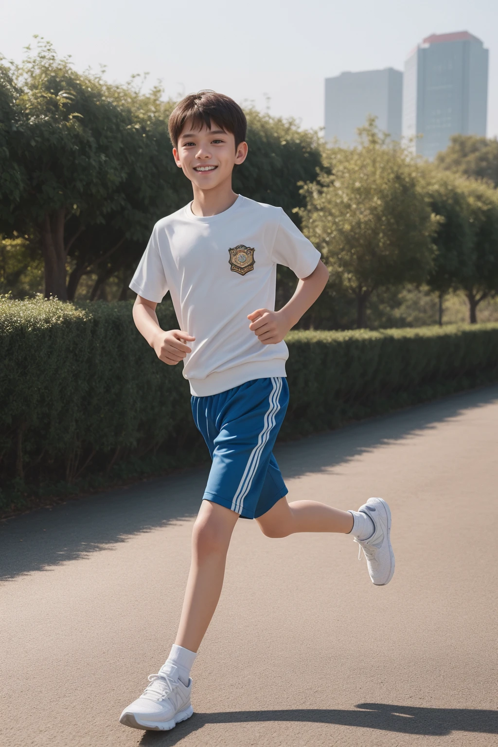 12-year-old boy,Smile,Spread your white and slender legs,jogging,full body,8K facial features are exquisite,Handsome boyish feeling,8k,masterpiece,((best quality)),photography,photograph