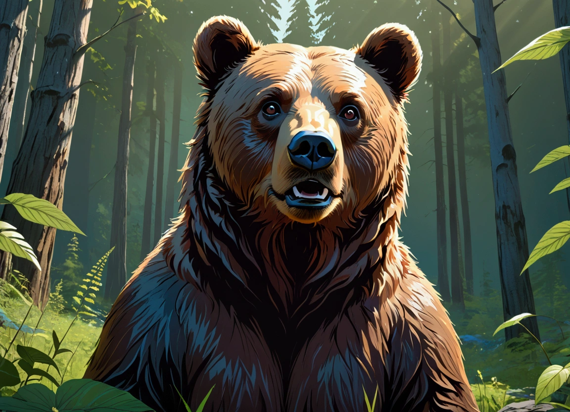 In the heart of a dense, misty forest, a majestic bear stands, its glowing amber eye illuminating the surrounding darkness. This magnificent creature, muscular and powerful, is adorned with intricate tribal patterns that seem to glow in the faint light. Its fur, a deep, rich brown, is as smooth as silk, glistening with the dew of the forest floor. The bear's gaze is intense, radiating an aura of wisdom and strength. The setting is the epitome of tranquility, with ancient trees and ferns covering the forest floor, creating a mystical atmosphere. The glow from the bear's eye casts a warm, inviting light,