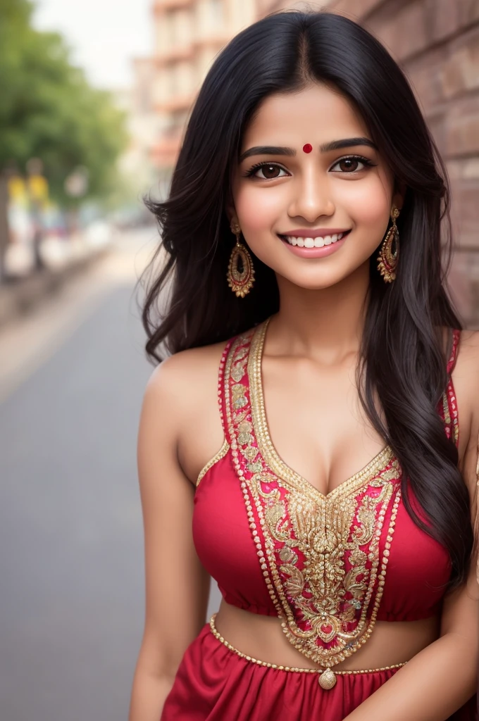 a woman in a churidar dress standing on a sidewalk, simple dress, indian, indian girl with fair skin, mid shot portrait, casual pose, with a seductive smile, close up portrait shot, close - up portrait shot, close body shot, closeup portrait shot, a cute young woman, elegant smiling pose, beautiful model,