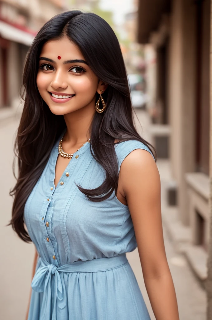 a woman in a churidar dress standing on a sidewalk, simple dress, indian, indian girl with fair skin, mid shot portrait, casual pose, with a seductive smile, close up portrait shot, close - up portrait shot, close body shot, closeup portrait shot, a cute young woman, elegant smiling pose, beautiful model,
