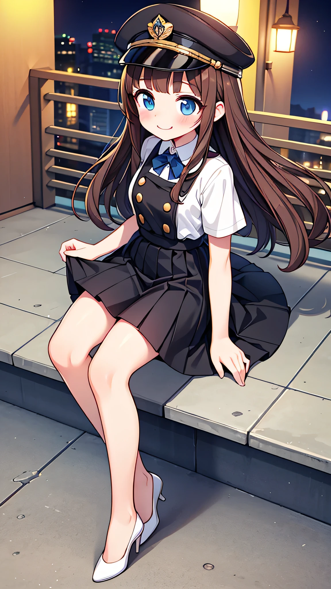 {Highest quality}, {Super beautiful},{Ultra fine},{Best illustration},Brown Hair,Hime cut,semi-long,Bangs,Standing Woman,Uniform cap,White Shirt,Short sleeve,Long black skirt,Night Park,Embarrassed,smilingly,Blushing,Slender women, A woman wearing plain black pumps,Bare feet and pumps,From an angle,From above,Inner thighs