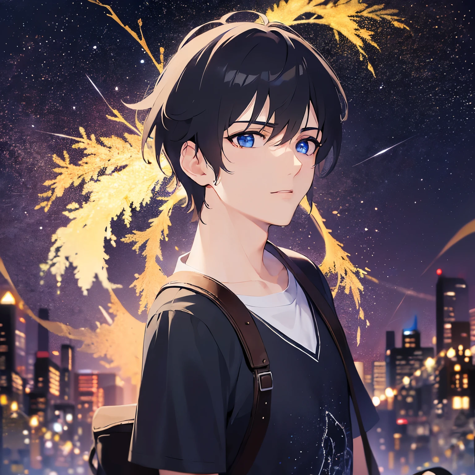 (25-year-old male:1.5) and (Black short hair) and (blue eyes)
(black) and (T-Shirts).(looking away:1.5),upper body,Side shot、
shiny skin, masterpiece、Highest quality、,serious,Are standing、
(Night Park:1.5)、(Night Sky:1.5)、grass,(alone:1.5)
