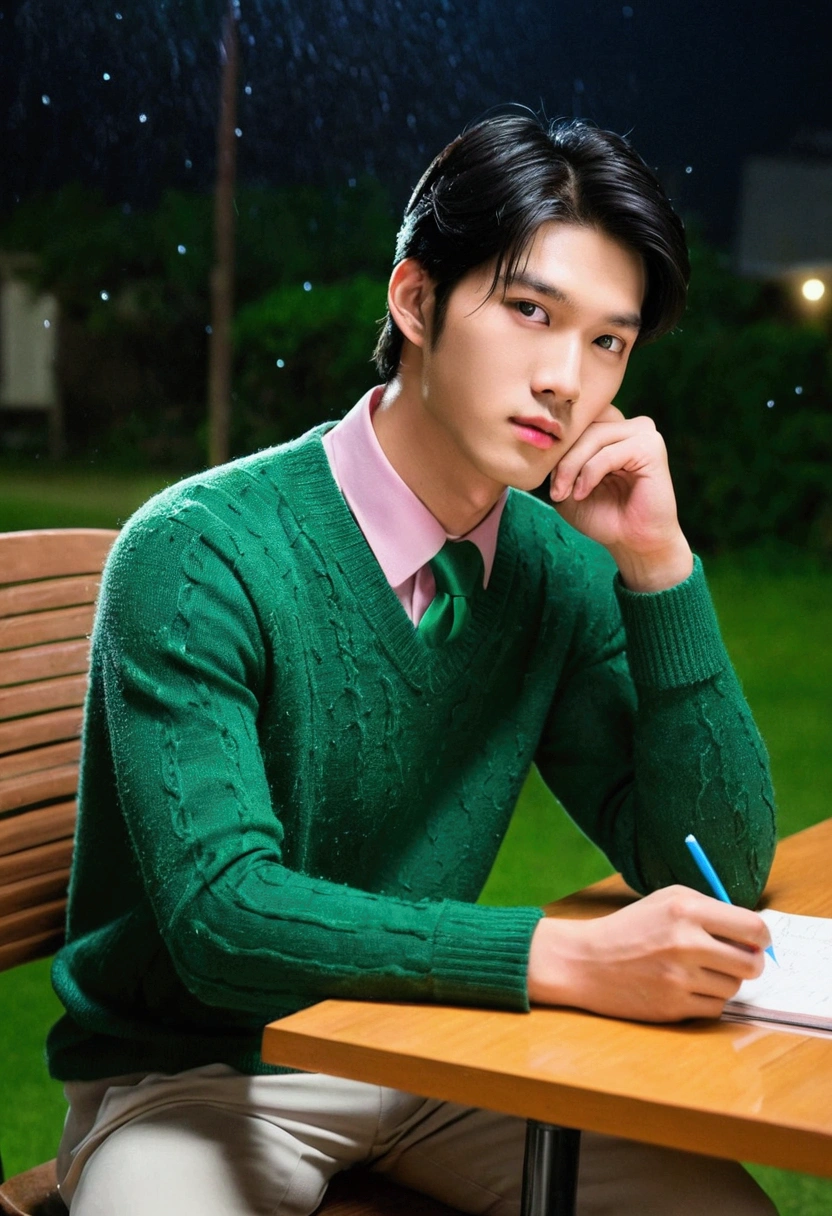 Best quality)), ((masterpiece)), (detailed), 1 hot and handsome but tall asian boy with milky white skin tone, light brown but black hair, light pink lips, wearing green half sweater with green tie with ash colored pant and sitting on chair and doing homework on table full body pic from right shoulder side in night scenerio raining heavily outside