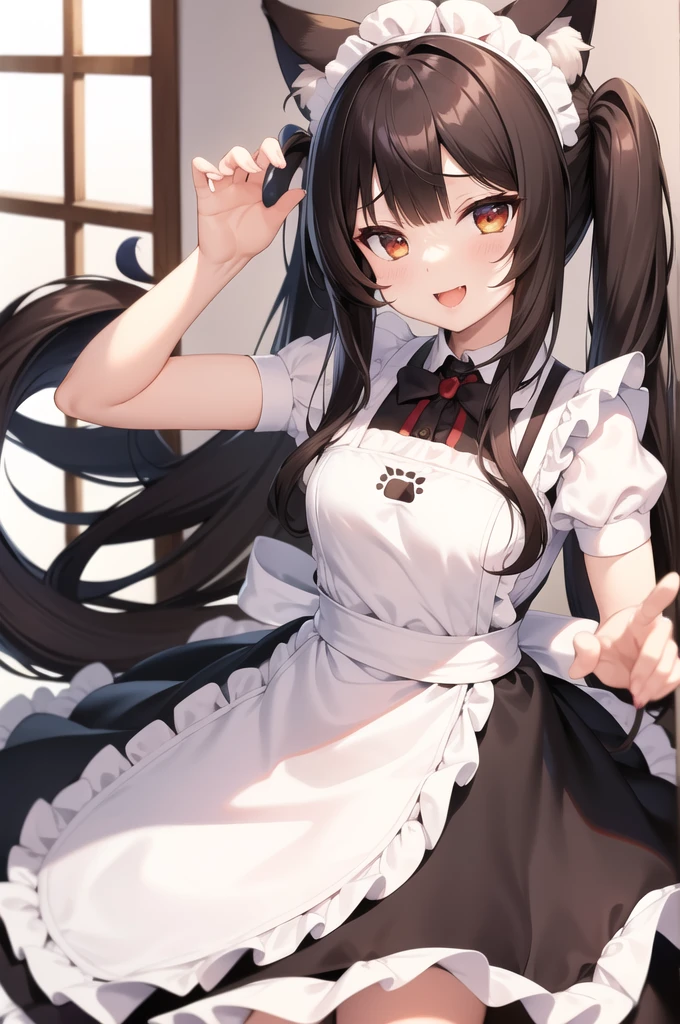 rating:safe, 1girl, animal_ears, chocola_(nekopara), long_hair, twintails, cat_ears, apron, solo, open_mouth, tail, smile, cat_tail, maid_headdress, brown_hair, maid, looking_at_viewer, :d, black_dress, very_long_hair, maid_apron, dress, red_eyes, holding, frills, food