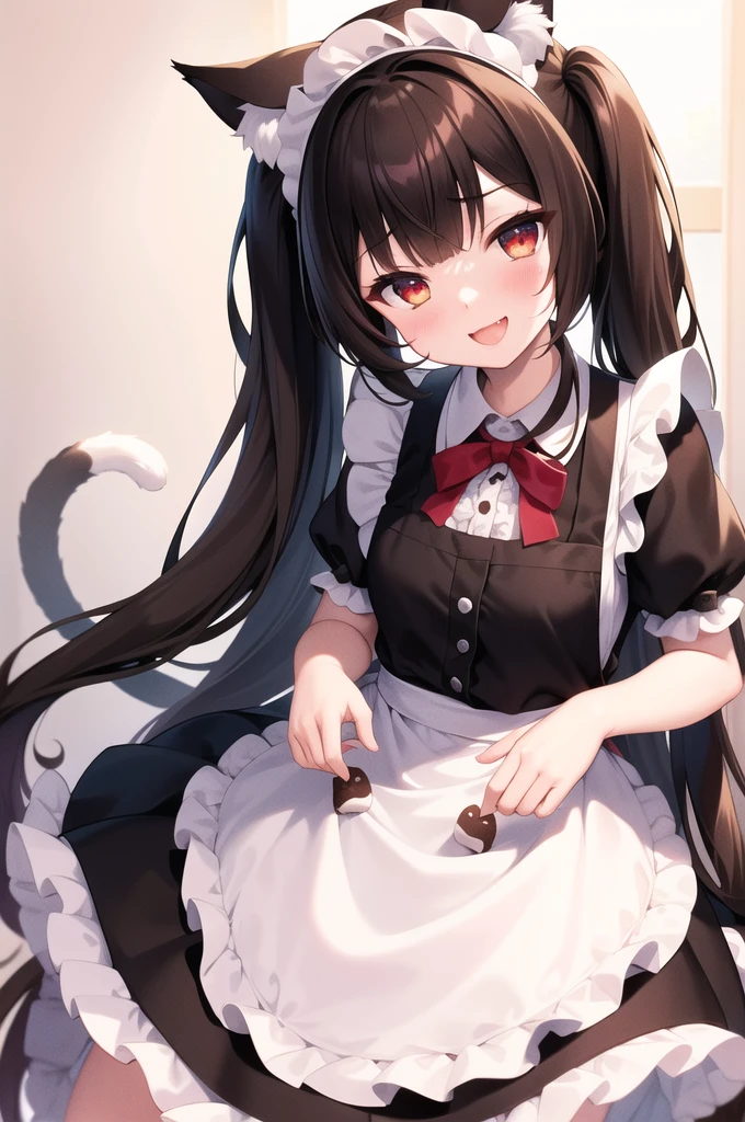 rating:safe, 1girl, animal_ears, chocola_(nekopara), long_hair, twintails, cat_ears, apron, solo, open_mouth, tail, smile, cat_tail, maid_headdress, brown_hair, maid, looking_at_viewer, :d, black_dress, very_long_hair, maid_apron, dress, red_eyes, holding, frills, food