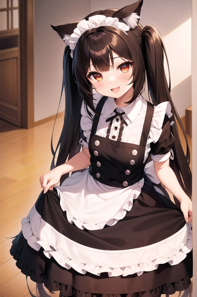 rating:safe, 1girl, animal_ears, chocola_(nekopara), long_hair, twintails, cat_ears, apron, solo, open_mouth, tail, smile, cat_tail, maid_headdress, brown_hair, maid, looking_at_viewer, :d, black_dress, very_long_hair, maid_apron, dress, red_eyes, holding, frills, food