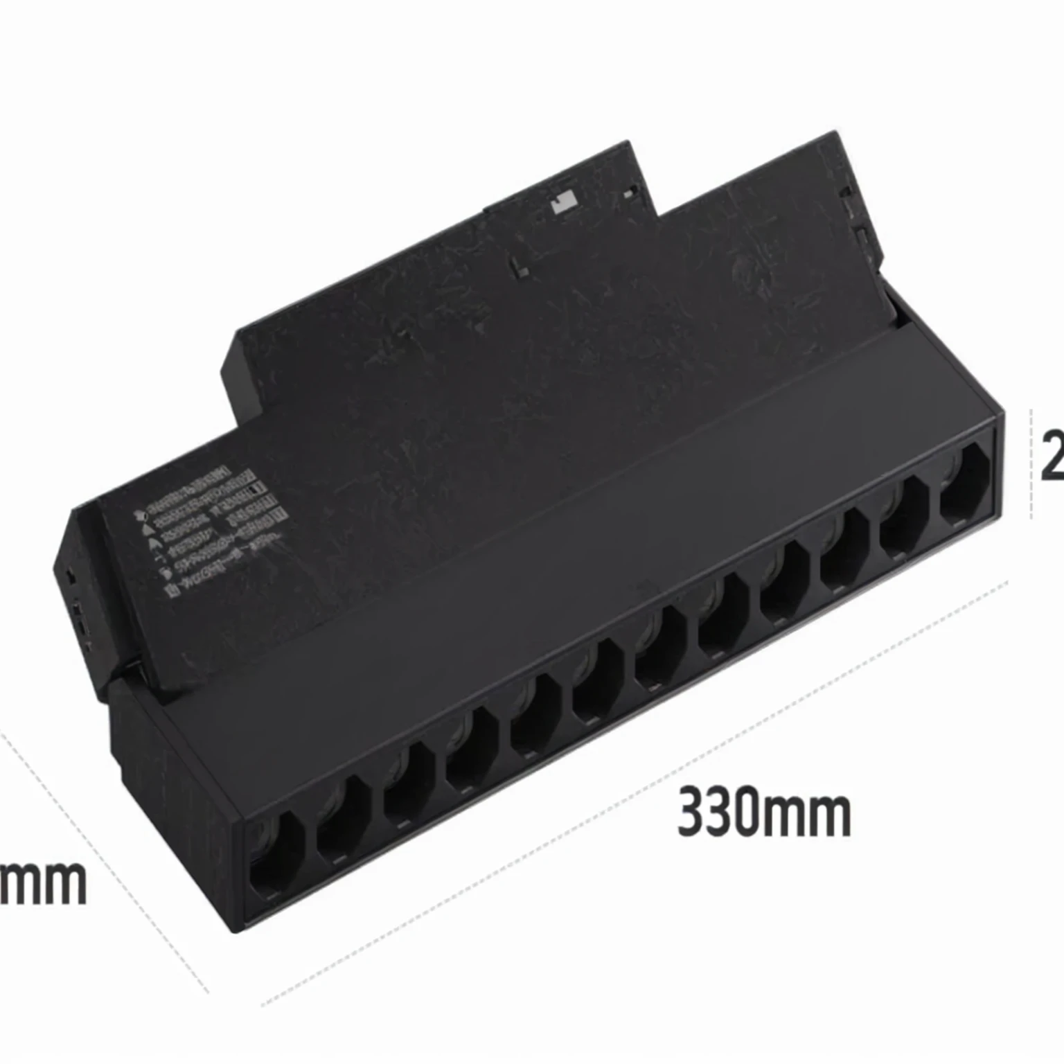 Illustration of a black terminal with three sockets and a white background, Bottom View, Connector, 120 mm, 1 2 0 mm, 200 mm, 200 mm, 2 0 0 mm, 2 1 0 mm, usb ports, Bottom View, 130 mm, Product introduction photos, DIP switch