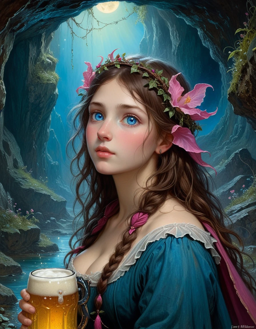 famous artwork inspired by (john constable:1.3) and (allen williams:1.1), detailed expressive eyes, fantasy style, deep within the underground caves of the first moon of planet "flurmwood secundus", the bioluminescent "blue-eyed frostlorm" may be found which resembles a hybrid of the primordial "many-limbed glumblearg" and the majestic "jolly slobberzibbler", similar to the "arctic pondbonker" it uses its fuchsia flexible tentacles to traverse the zwengled cave walls with flumbering grace, leaving behind trails of softly glowing patterns ((beer)), (by Henry asencio), (by Josephine Wall), (Oil painting) (by Jean-François Millet), (by Gustave Courbet) , (by Jules Breton), close up, fantasy, (beautiful), (blessed),