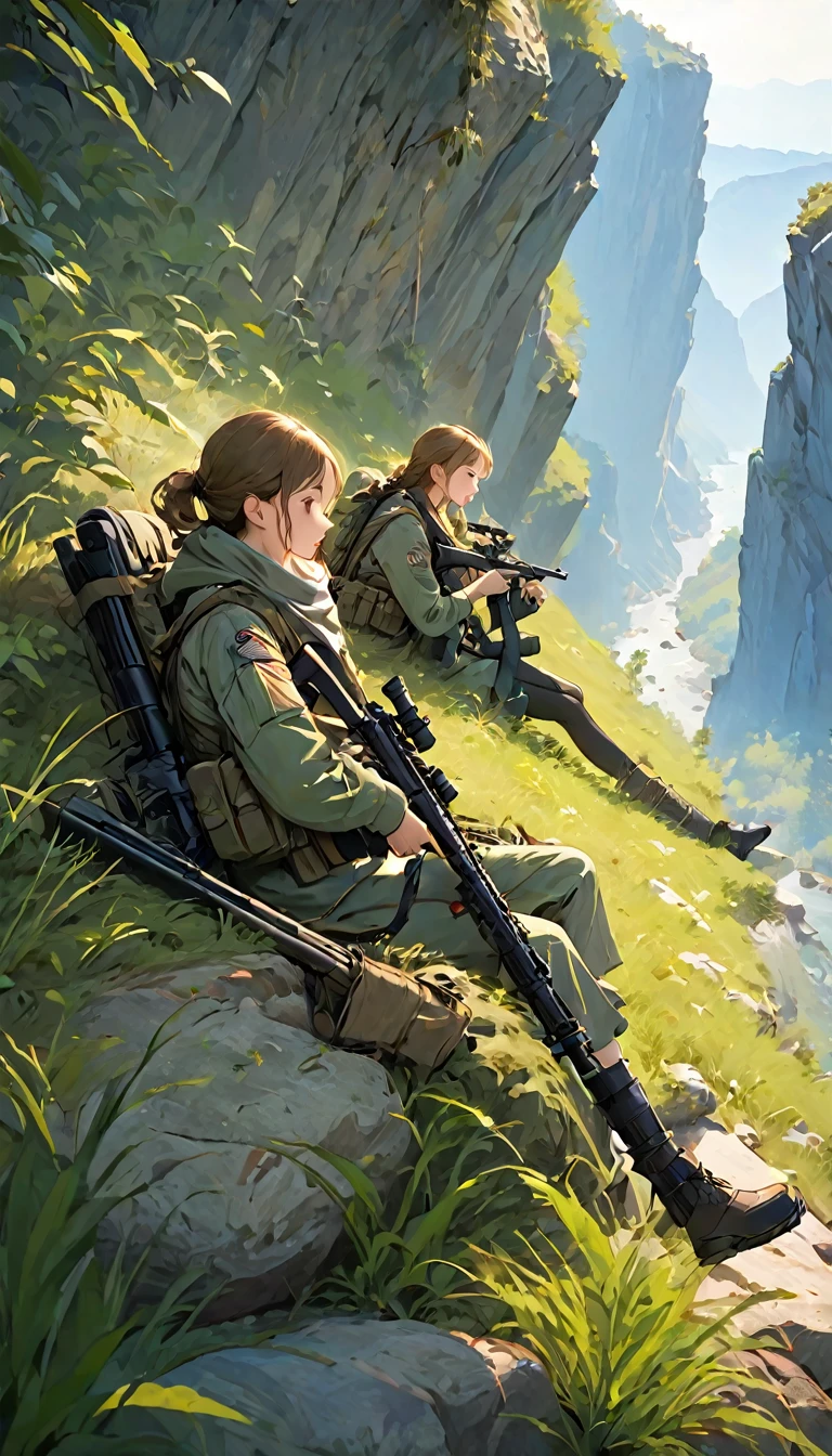 Highest quality、masterpiece、((Highly detailed CG integrated 8K wallpaper)),On top of a small cliff、(((One man and one woman:1.37)))、(((Male spotter、Female Sniper)))、Two-man Cell:1.2、Sniper and Spotter:1.2、(((Spotter observing、Sniper taking a nap)))、Ghillie Suit、