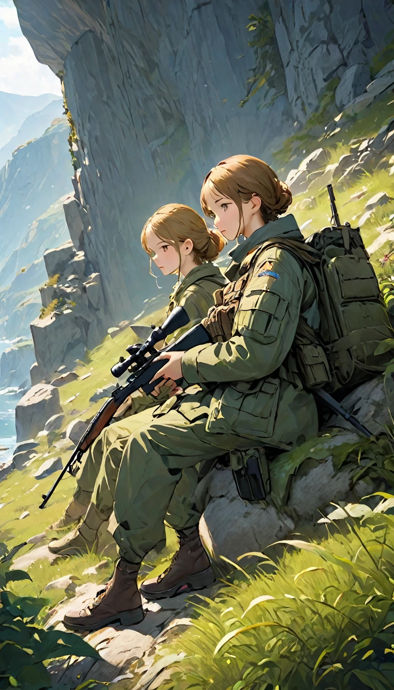Highest quality、masterpiece、((Highly detailed CG integrated 8K wallpaper)),On top of a small cliff、(((One man and one woman:1.37)))、(((Male spotter、Female Sniper)))、Two-man Cell:1.2、Sniper and Spotter:1.2、(((Spotter observing、Sniper taking a nap)))、Ghillie Suit、
