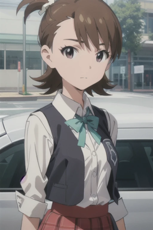 (((pixel-perfect, detail-perfect))), solo, 1girl, ami futami, shirt white, vest black, long sleeves, skirt, school, looking at viewer, upper body