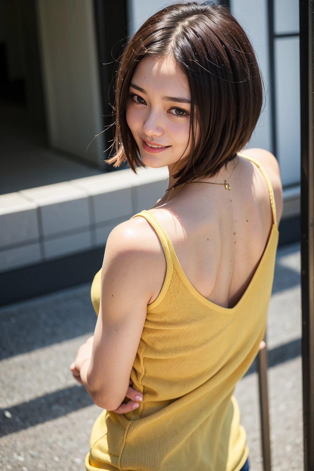 Top quality, 1 beautiful woman, super short Hair, gold hair, wearing tanktop, shy-smile,back pose