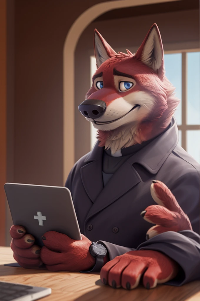Joachim Wolfbach (Zootopia),tall handsome, wolf,young, 24 years, brown fur,(red body:1.3),Blue eyes, Moscow Dressed,Catholic priest of the Roman Catholic Church, canine, wolf, detailed fur, Male, antro, paw pads, finger claws,holding a laptop, at viewer, 5 fingers, paws, 5 fingers, smile, happy, resting, wrist watch, т nextel, sitting at home watching TV, by xenoforge, (difficult, high detail, film photography, soft focus, RAW, pilot by training,smile смех
фотореализм, realistic, photorealistic, analog style, subsurface scattering,
masterpiece, Best quality, ultra realistic, 8 K)