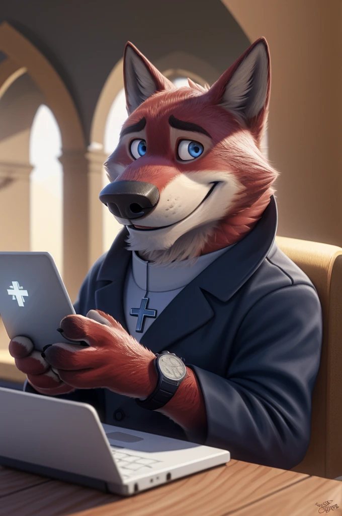 Joachim Wolfbach (Zootopia),tall handsome, wolf,young, 24 years, brown fur,(red body:1.3),Blue eyes, Moscow Dressed,Catholic priest of the Roman Catholic Church, canine, wolf, detailed fur, Male, antro, paw pads, finger claws,holding a laptop, at viewer, 5 fingers, paws, 5 fingers, smile, happy, resting, wrist watch, т nextel, sitting at home watching TV, by xenoforge, (difficult, high detail, film photography, soft focus, RAW, pilot by training,smile смех 
фотореализм, realistic, photorealistic, analog style, subsurface scattering, 
masterpiece, Best quality, ultra realistic, 8 K)