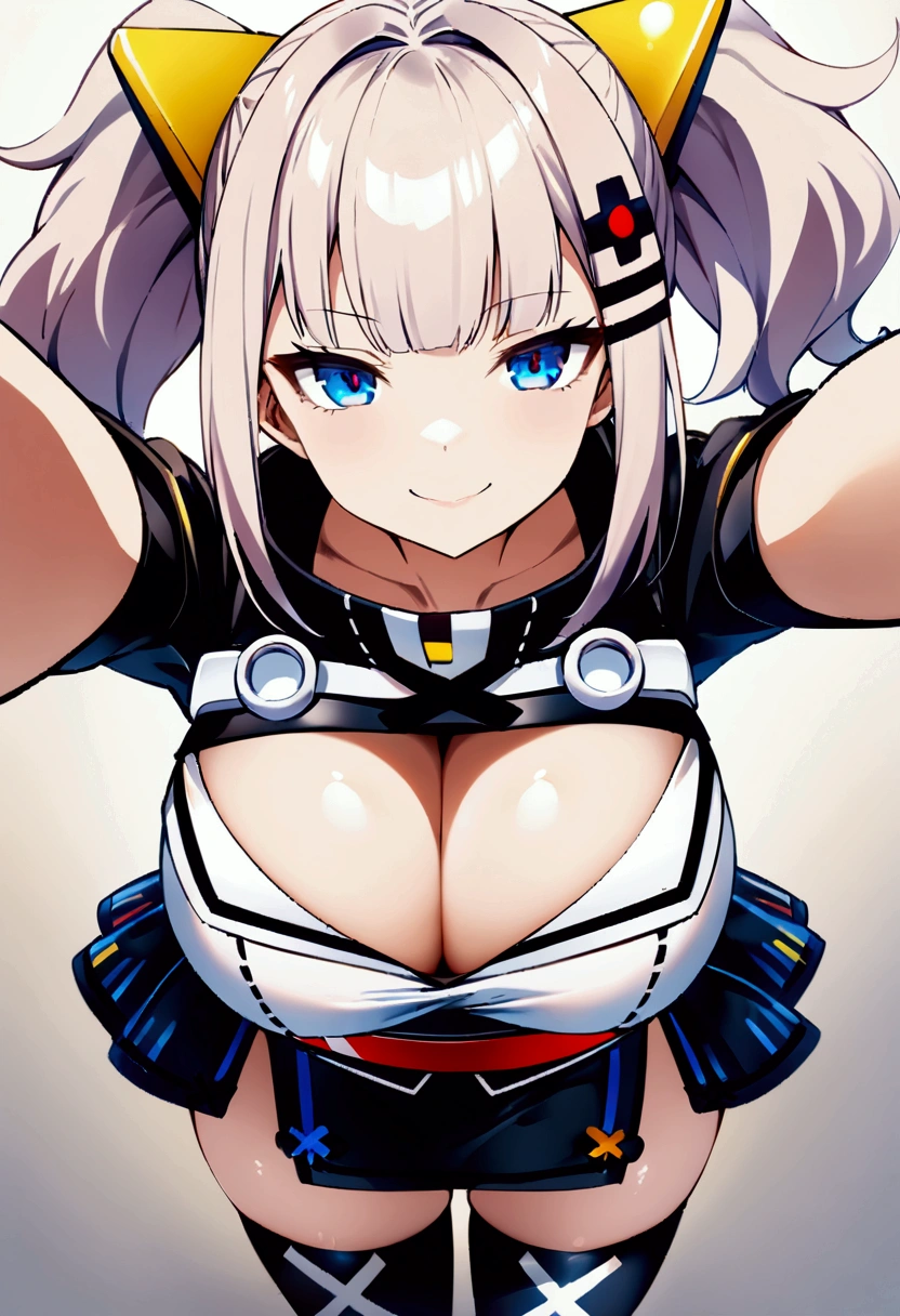 (score_9,score_8_up,score_7_up), (best quality, masterpiece) , perfect anatomy,,.official style, (kaguya luna), very aesthetic, intricate, (overall detail), 1 girl, upper cleavage,sash,large breast, black miniskirt, thighhighs, standing, light smile, simple background, from above, straight-on, upperbody,(breast focus:1),selfie,, intricate, hyper-detailed, 100-layer, ultra-high resolution,