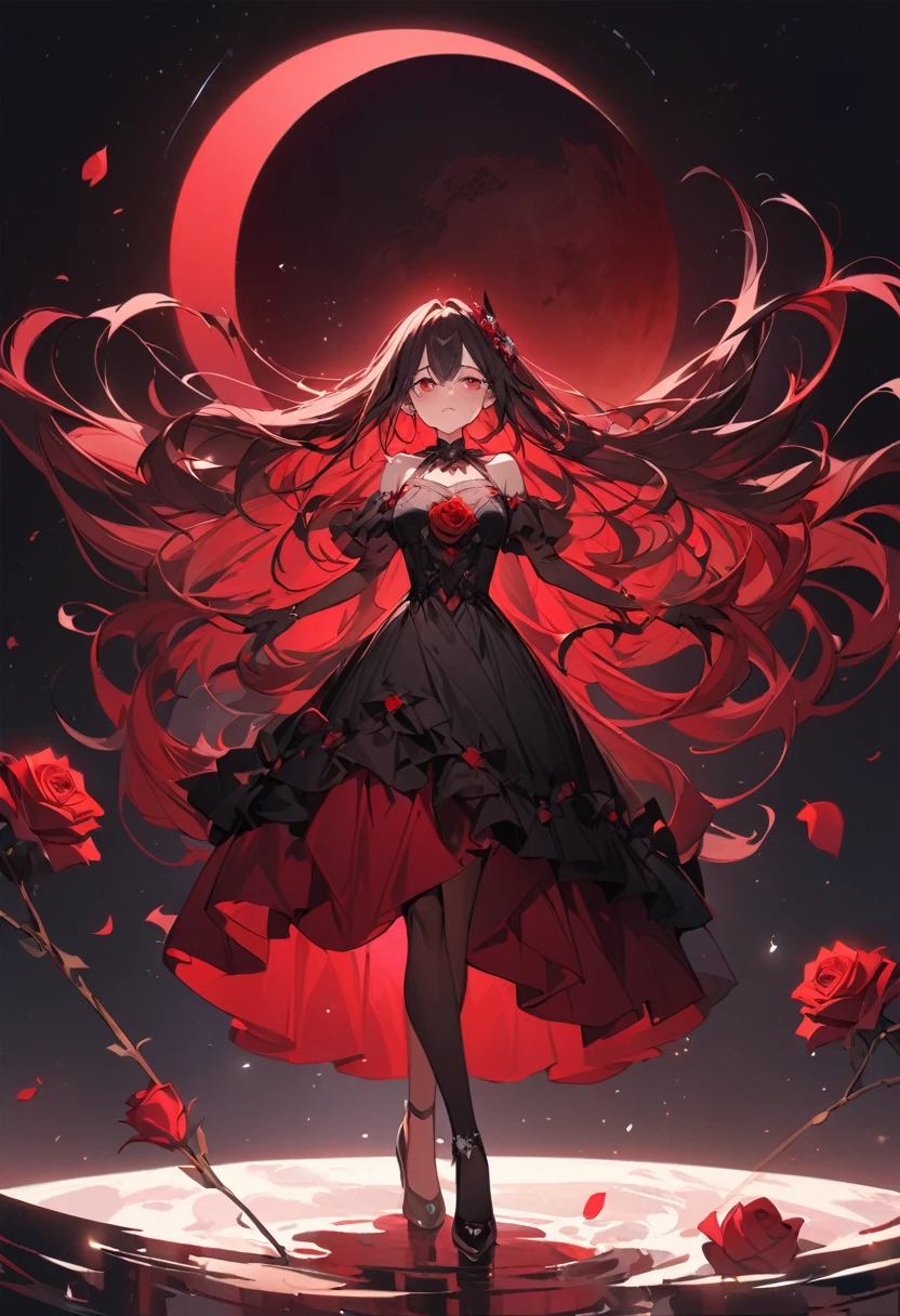 an anime drawing of a woman in a long black dress holding up her arms next to a rose, One girl, dress, Long Hair, red dress, alone, High heels, very Long Hair, chest, Black background, hair ornaments, An incredible solution、High resolution、(masterpiece:1.4)、Very detailed、1 girl、Red Moon、There was an irritated look on his face.、Are crying、Tears running down my cheeks、Irritated、Expressions of indignation、look up、背景に大きなRed Moon、Put up a magical barrier、barrier、floating hair、space、black dress、floating、 - 6 o'clock'clock