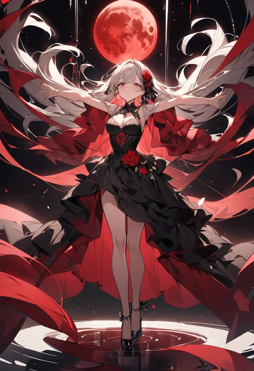 an anime drawing of a woman in a long black dress holding up her arms next to a rose, One girl, dress, Long Hair, red dress, alone, High heels, very Long Hair, chest, Black background, hair ornaments, An incredible solution、High resolution、(masterpiece:1.4)、Very detailed、1 girl、Red Moon、There was an irritated look on his face.、Are crying、Tears running down my cheeks、Irritated、Expressions of indignation、look up、背景に大きなRed Moon、Put up a magical barrier、barrier、floating hair、space、black dress、floating、 - 6 o'clock'clock